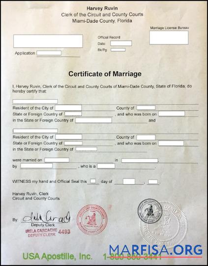 Realistic USA Miami Dade county of Florida marriage certificate example